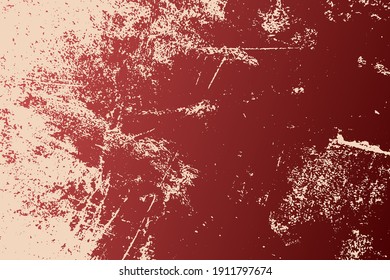 Red aged grainy messy template. Distress urban used texture. Grunge rough dirty background. Brushed color paint cover. Renovate wall scratched backdrop. Empty aging design element. EPS10 vector.