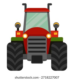 Vista frontal del tractor agrícola rojo. Vehículo de transporte agrícola. Icono de Vector plano aislado sobre fondo blanco