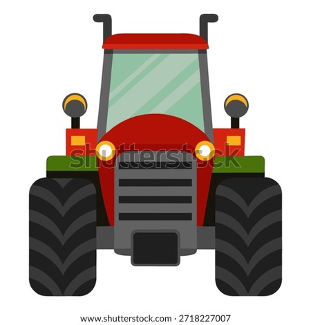 Red Agricultural Tractor Front View. Farm transport vehicle. Flat vector icon isolated on white background