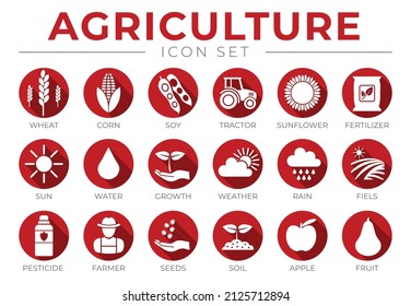 Red Agriculture Round Icon Set of Wheat, Corn, Soy, Tractor, Sunflower, Fertilizer, Sun, Water, Growth, Weather, Rain, Fields, Pesticide, Farmer, Seeds, Soil, Apple, Fruit Icons.