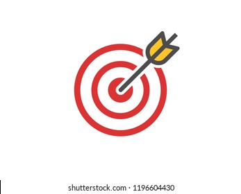 Red aim icon. Target and arrow concept. Perfect hit composition. Cross aim sign. Success logo. Absolute winner. Vector illustration.