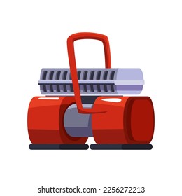 Roter Luftkompressor. Vektorgrafik von pneumatischen Geräten für Bauarbeiten. Cartoon-Maschine mit Pumpe, Gasbehälter unter Druck, Drehmotor einzeln auf Weiß. Leitungssystem