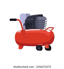 Compresor de aire rojo. Ilustración vectorial de equipos neumáticos para obras de construcción. Máquina de caricatura con bomba, tanque de gas bajo presión, motor rotatorio aislado en blanco. Concepto de sistema de ductos
