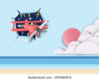  Red air plane flying through storm and go to ocean . paper art style.