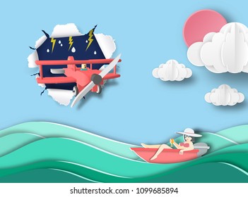  Red air plane flying through storm and go to ocean . paper art style.