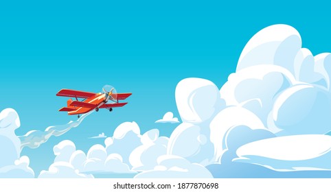Red aircraft in the clouds. Airplane in the sky, template. Flat illustration.
