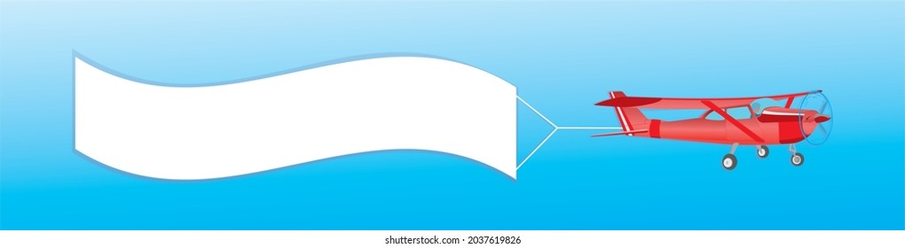 Red airplan with big banner in panoramic design. Vector illustration.