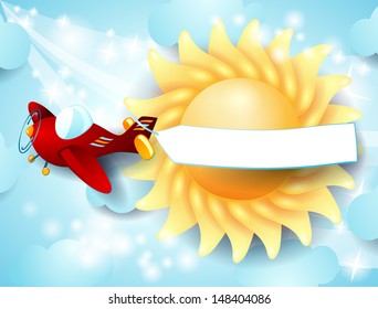 Red airplane with banner on sky background. Vector