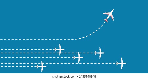 Red airplane change direction concept business solution. Plane way courage leadership strategy vector. Jet path flying