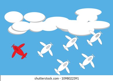 Red airplane changing direction, flying opposite of the white planes under the clouds, think differently concept