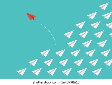 Red airplane changing direction from group of paper airplanes. Vector illustration