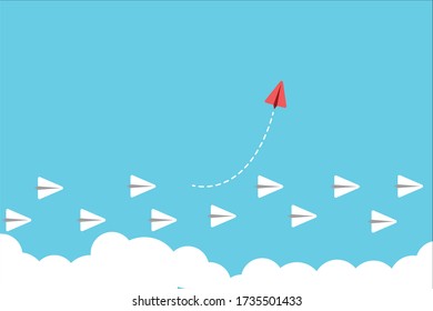 Red airplane changing direction. New idea, change