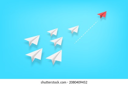 Red airplane changing direction. New idea, change