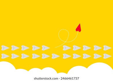 Red airplane changing direction. New idea, change	