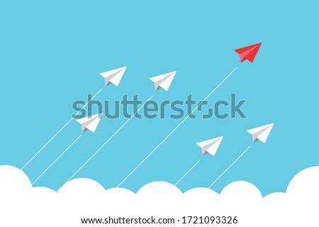 Red airplane changing direction. New idea, change