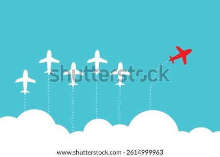 Red airplane changing direction. New idea, change, Business concept. Think different. Vector illustration.	