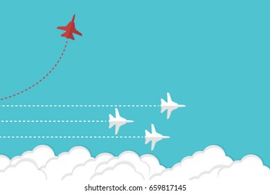 Red airplane changing direction and three white ones. New idea, change, trend, courage, creative solution, innovation and unique way concept. 