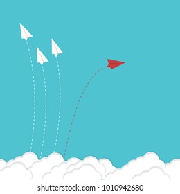 Red airplane changing direction and white ones. New idea, change, trend, courage, creative solution, innovation and unique way concept.