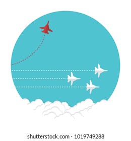 Red airplane changing direction and white ones. New idea, change, trend, courage, creative solution, innovation and unique way concept.