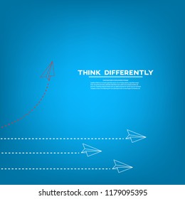 Red airplane changing direction and white ones. New idea, change, trend, courage, creative solution, innovation and unique way concept.