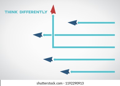 Red airplane changing direction and white ones. New idea, change, trend, courage, creative solution, innovation and unique way concept.