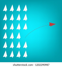Red airplane changing direction and white ones. New idea, change, trend, courage, creative solution, innovation and unique way concept.