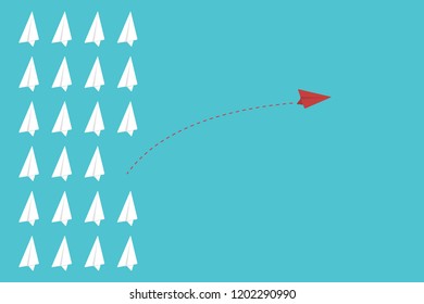 Red airplane changing direction and white ones. New idea, change, trend, courage, creative solution, innovation and unique way concept.