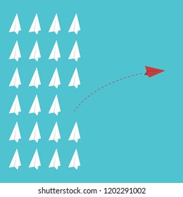 Red airplane changing direction and white ones. New idea, change, trend, courage, creative solution, innovation and unique way concept.