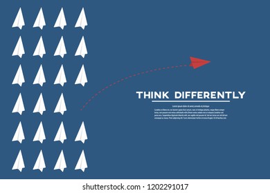 Red airplane changing direction and white ones. New idea, change, trend, courage, creative solution, innovation and unique way concept.