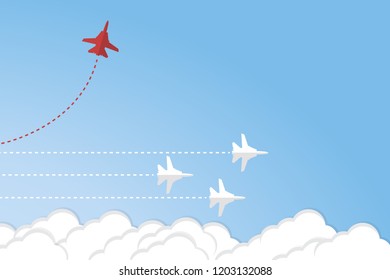 Red airplane changing direction and white ones. New idea, change, trend, courage, creative solution, innovation and unique way concept.