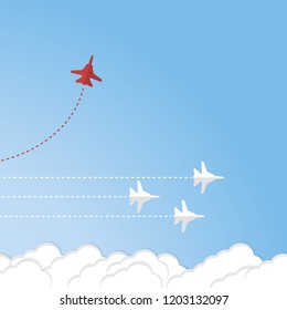 Red airplane changing direction and white ones. New idea, change, trend, courage, creative solution, innovation and unique way concept.