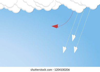 Red airplane changing direction and white ones. New idea, change, trend, courage, creative solution, innovation and unique way concept.