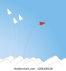 Red airplane changing direction and white ones. New idea, change, trend, courage, creative solution, innovation and unique way concept.