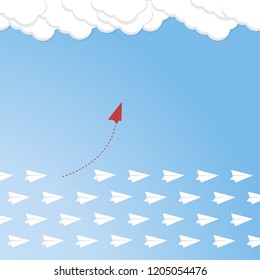 Red airplane changing direction and white ones. New idea, change, trend, courage, creative solution, innovation and unique way concept.