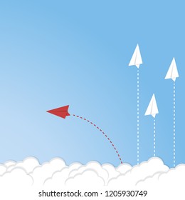Red airplane changing direction and white ones. New idea, change, trend, courage, creative solution, innovation and unique way concept.
