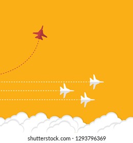 Red airplane changing direction and white ones. New idea, change, trend, courage, creative solution, innovation and unique way concept.