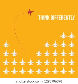 Red airplane changing direction and white ones. New idea, change, trend, courage, creative solution, innovation and unique way concept.