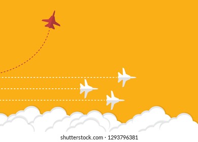 Red airplane changing direction and white ones. New idea, change, trend, courage, creative solution, innovation and unique way concept.