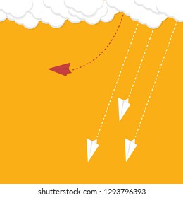 Red airplane changing direction and white ones. New idea, change, trend, courage, creative solution, innovation and unique way concept.