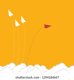 Red airplane changing direction and white ones. New idea, change, trend, courage, creative solution, innovation and unique way concept.