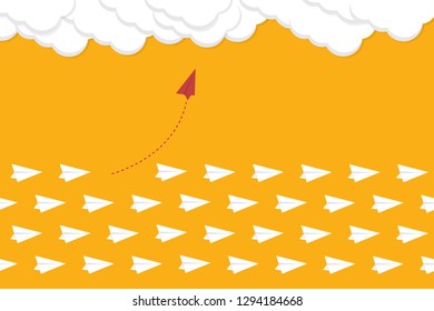 Red airplane changing direction and white ones. New idea, change, trend, courage, creative solution, innovation and unique way concept.