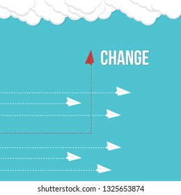 Red airplane changing direction and white ones. New idea, change, trend, courage, creative solution, innovation and unique way concept. 
