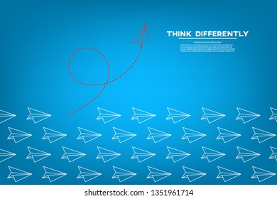 Red airplane changing direction and white ones. New idea, change, trend, courage, creative solution, innovation and unique way concept.