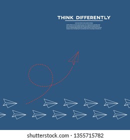 Red airplane changing direction and white ones. New idea, change, trend, courage, creative solution, innovation and unique way concept.
