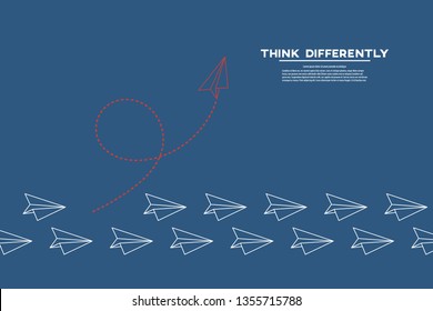 Red airplane changing direction and white ones. New idea, change, trend, courage, creative solution, innovation and unique way concept.