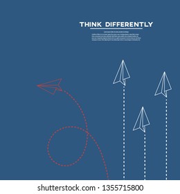Red airplane changing direction and white ones. New idea, change, trend, courage, creative solution, innovation and unique way concept.