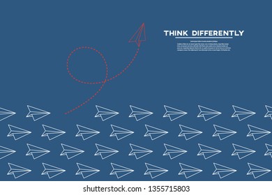 Red airplane changing direction and white ones. New idea, change, trend, courage, creative solution, innovation and unique way concept.