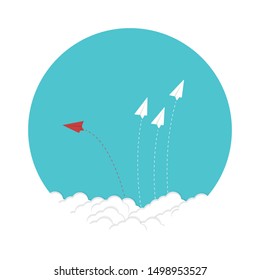 Red airplane changing direction and white ones. New idea, change, trend, courage, creative solution, innovation and unique way concept.