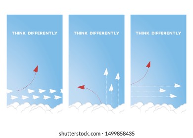 Red airplane changing direction and white ones. New idea, change, trend, courage, creative solution, innovation and unique way concept.