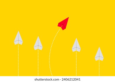 Red airplane changing direction and white ones.different concept.